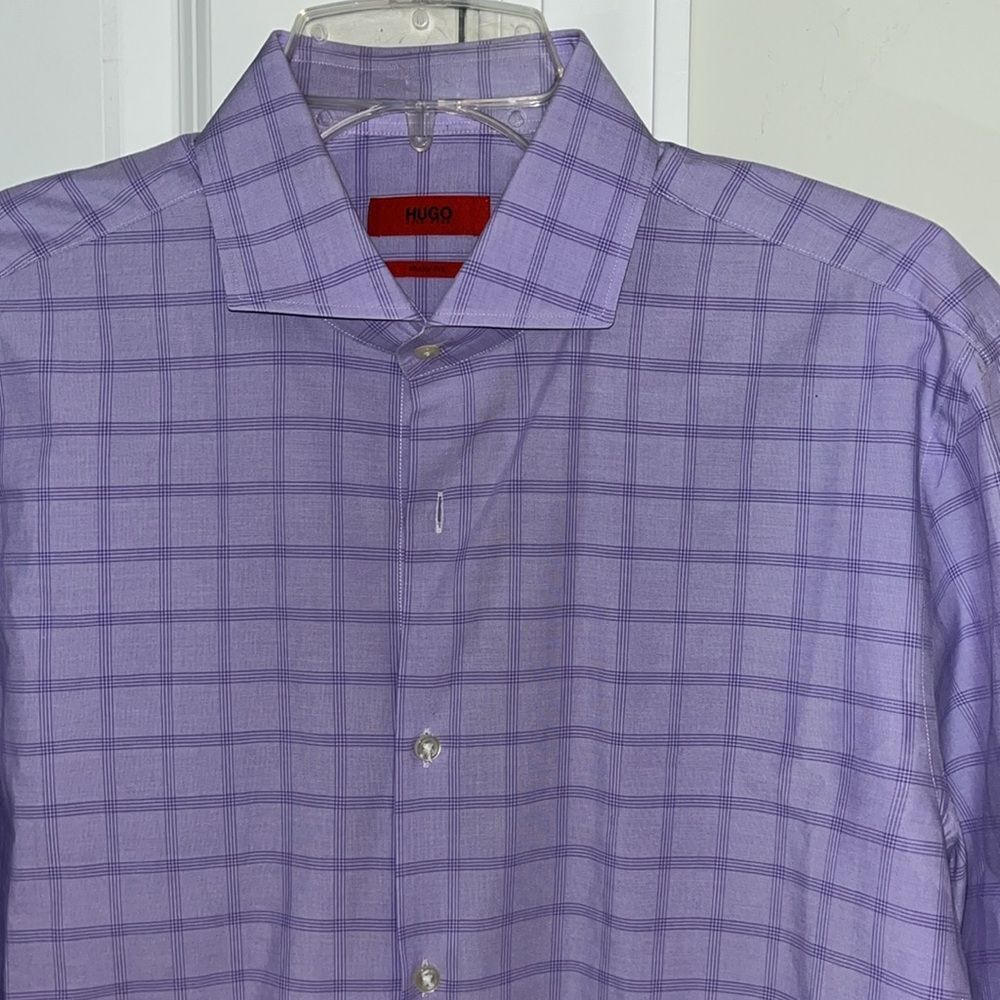Beautiful Purple Plaid Check Hugo Boss Dress Shirt 16 x 32/33 Sharp Fit Collar